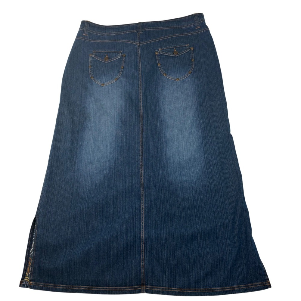 Denim d Gree 16W Embroidered Western Maxi Skirt Dark Wash Blue Side Slit Studded - Picture 2 of 14